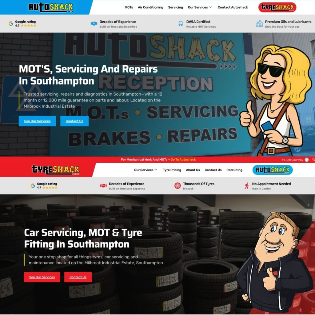 Tyreshack and Autoshack unified website design across two specialist brands
